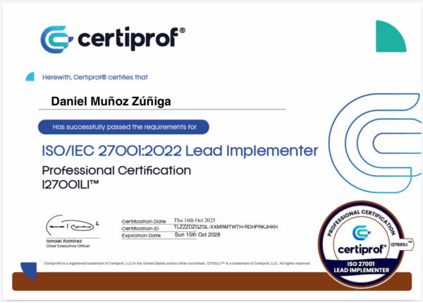 Certificado lead implementer Daniel Muñoz