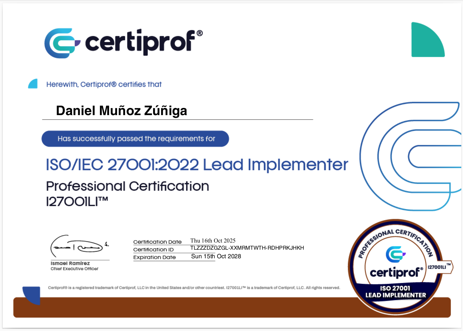 Certificado lead implementer Daniel Muñoz